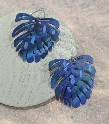 monstera leaf earrings - handpainted original - blues